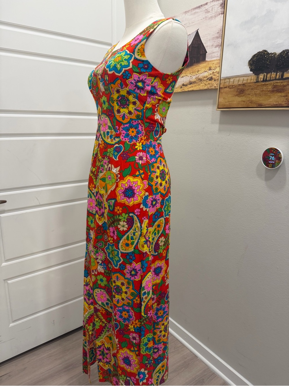 1970’s Vintage Vibrant Paisley Floral Maxi Sleeveless Dress - Red Multicolor - Picture 2 of 5